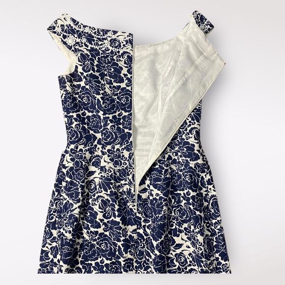 Carmen Marc Valvo Blue Floral Beaded Boatneck Linen  Mini Dress Size 8 Guest‎ - Picture 7 of 13
